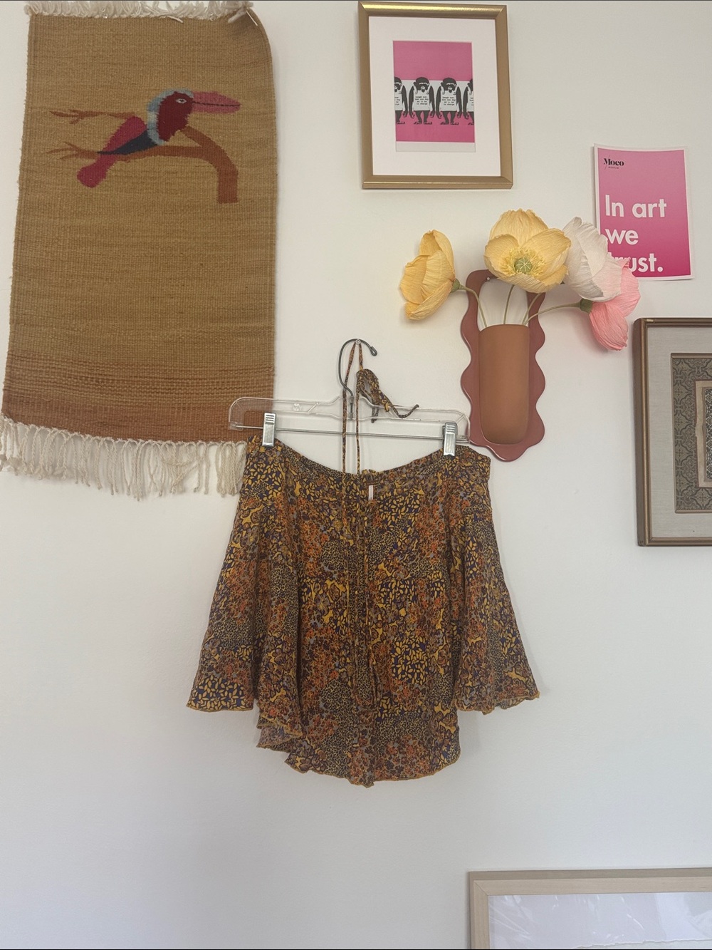 Free People Boho Floral Mini Skirt in Mustard & Brown